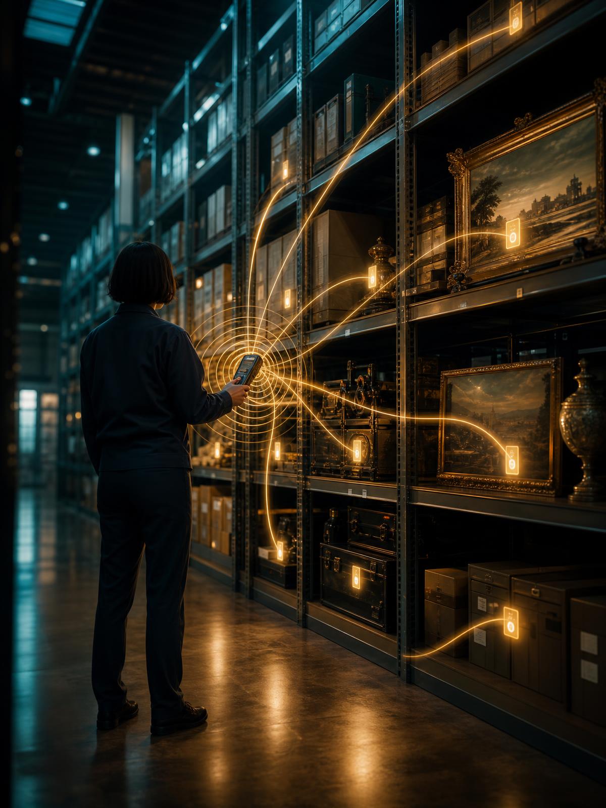 Técnico Link Data realizando inventário por radiofrequência à distância, lendo múltiplos bens simultaneamente em arquivo público
