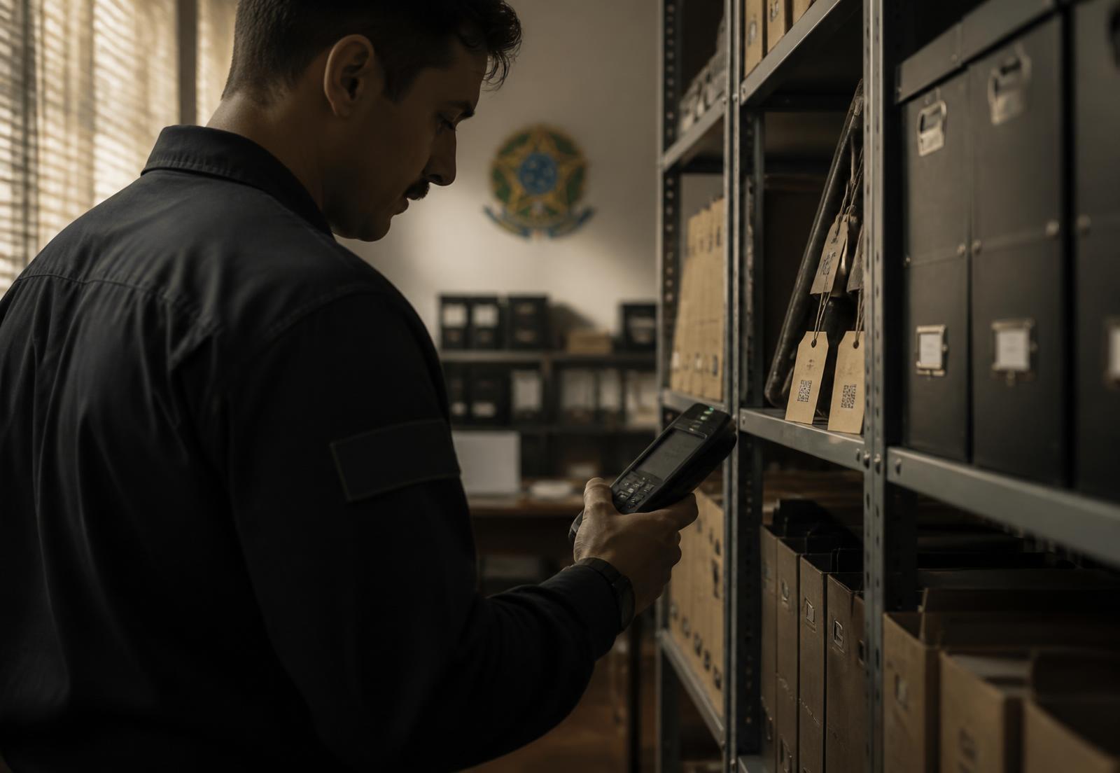 Técnico da Link Data realizando leitura RFID de bens em arquivo de repartição pública